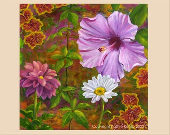 Flowers Hibiscus Dahlia Daisy Heuchera Garden Oil Painting Digital Print Full Painting Square or Diptych Vertical Set Bright Spring colors