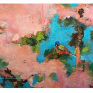 Song Bird Painted Bunting Abstract Expressionist Oil Painting Digital Print Tropical Wildlife Nature Palette Knife Texture Coral Pink Aqua