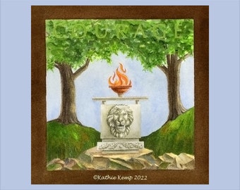 Courage Symbol Visual Prayers Blessings Strength Courage Fearlessness Steadfastness watercolor reprint lion statue oak trees flame of power