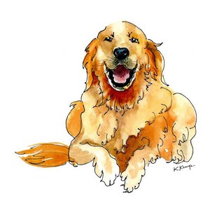 May include: Watercolor painting of a golden retriever dog with its mouth open, tongue out, and a happy expression. The dog is lying down with its paws in front of it. The background is white.