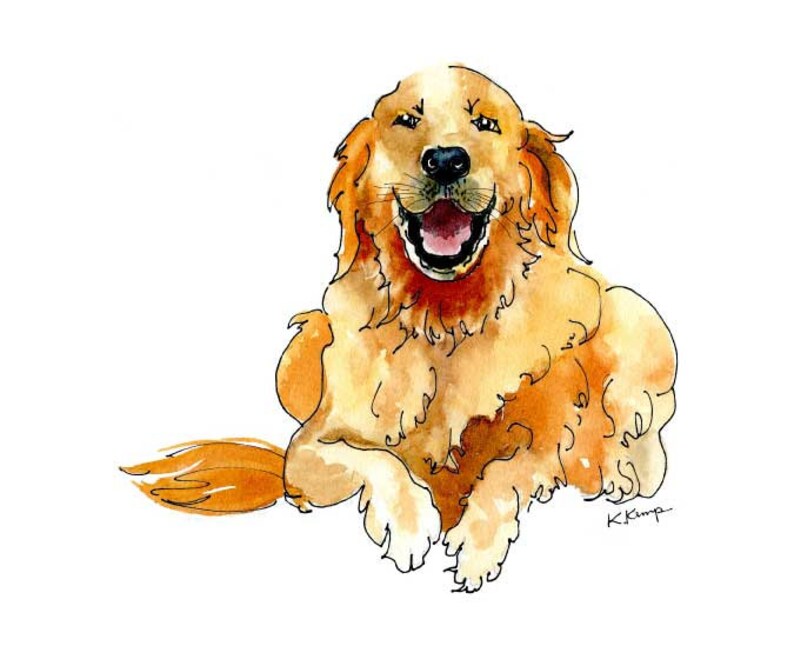 May include: Watercolor painting of a golden retriever dog with its mouth open, tongue out, and a happy expression. The dog is lying down with its paws in front of it. The background is white.