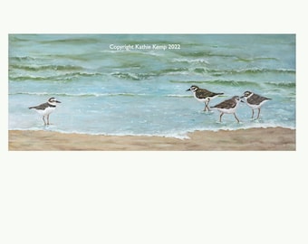 Seashore birds sandpipers plovers landscape oil painting beach sea waves sand ocean horizontal blue green sand beach house coastal tropical