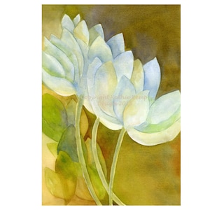 Lotus Flower Painting Watercolor Eastern Asian Home Wall Decor Gift Idea Zen Tropical Water Plants Boho Art Spring Floral Blue Gold Green