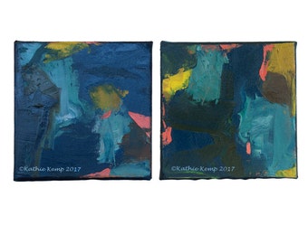 Abstract Oil Paintings Mint Navy Midnight Blue Green Diptych Set of Two Original 6" Gallery wrapped Canvas Modern Art Contemporary Colors