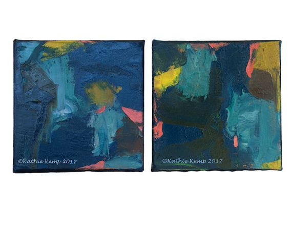抽象油絵二連画：ネイビー、ティール、ゴールドモダンアート（6インチ 