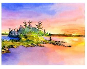 Sunrise Sunset Colors Water Reflections Watercolor Pen and Ink Landscape Painting Illustration Islands Lake Wall Decor Purple Pink Blue Gold