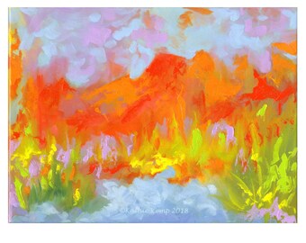 Abstract Oil Painting Landscape Water Mountains Sky Orange Red Blue Purple Modern Art Home Wall Decor Bright Color palette knife art print