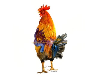 May include: Watercolor painting of a rooster with a red comb and wattle, orange and yellow feathers, and blue and purple accents. The rooster is standing on a white background.
