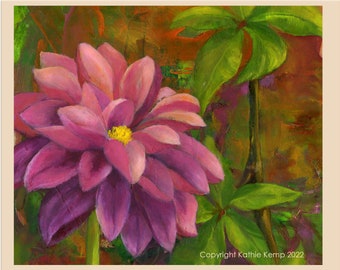 Dahlia Flower Blossom Leaves Bright colors oil painting reprint cottage garden lovers gift idea spring summer pink violet purple green