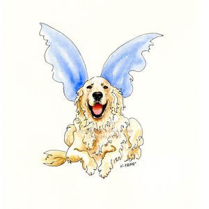 May include: A watercolor illustration of a golden retriever dog wearing blue angel wings. The dog is sitting with its mouth open, as if it is smiling. The wings are large and feathery, and they are painted in a light blue color. The dog's fur is a light golden color, and its eyes are brown. The background is white.