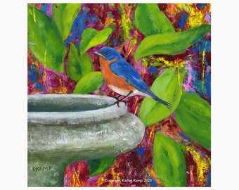 Blue Bird on Birdbath oil on panel 12 inch square abstract leaf greens background original painting framed