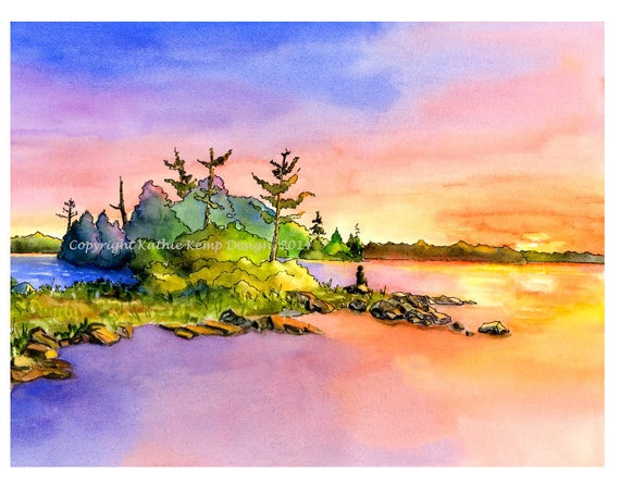 Sunrise Sunset Colors Reflecting in Water Watercolor Pen and Ink Landscape  Painting Illustration Islands Lake Wall Decor Blue Pink Gold 