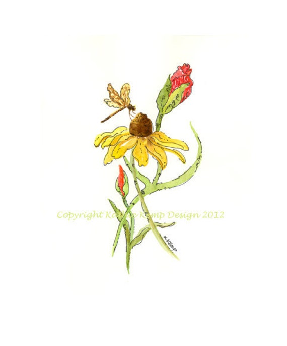 Dragonfly Black-Eyed Susan Watercolor Print: Botanical Pen & Ink Art