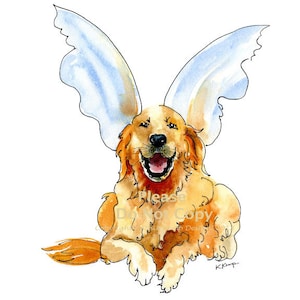 May include: Watercolor painting of a golden retriever dog with white angel wings. The dog is smiling with its mouth open and tongue out. The dog is sitting on its hind legs with its front paws in the air. The background is white.