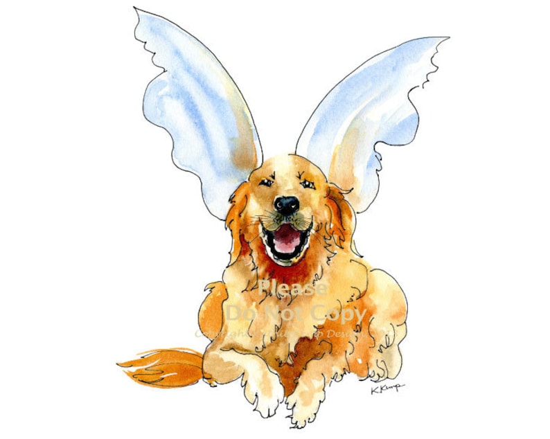 May include: Watercolor painting of a golden retriever dog with white angel wings. The dog is smiling with its mouth open and tongue out. The dog is sitting on its hind legs with its front paws in the air. The background is white.