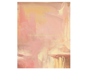May include: Abstract painting with soft pink, peach, and yellow hues. The colors blend together in a flowing, organic style. The painting has a subtle texture and a sense of movement.