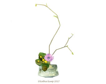 Purple Flower Ikebana Japanese Zen Flower Arrangement Watercolor Art Painting  Minimalist natural leaves vines vertical art rustic vase