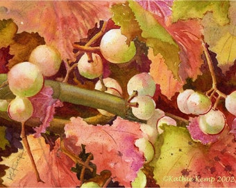 Wine grapes on vine leaves vineyard plants kitchen food watercolor painting earth tones fuchsia pink green coral award winner painting