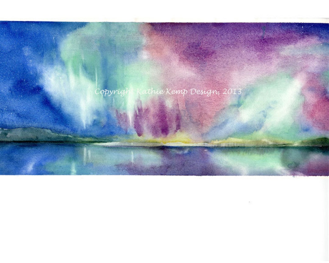 Aurora Borealis Northern Lights Pen and Ink Watercolor Night Sky Water