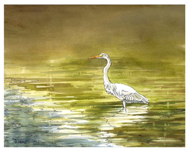 Coastal Beach House Wall Decor White Egret Bird Pen and Ink Watercolor