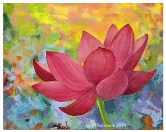 Lotus Pink Oil Painting Abstract Background Modern Art Home Wall Decor Giclee Print Cottage Chic Bright Colors Purple Blue Green Yellow
