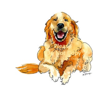 May include: Watercolor painting of a golden retriever dog with its mouth open, tongue out, and a happy expression. The dog is sitting on a white background.