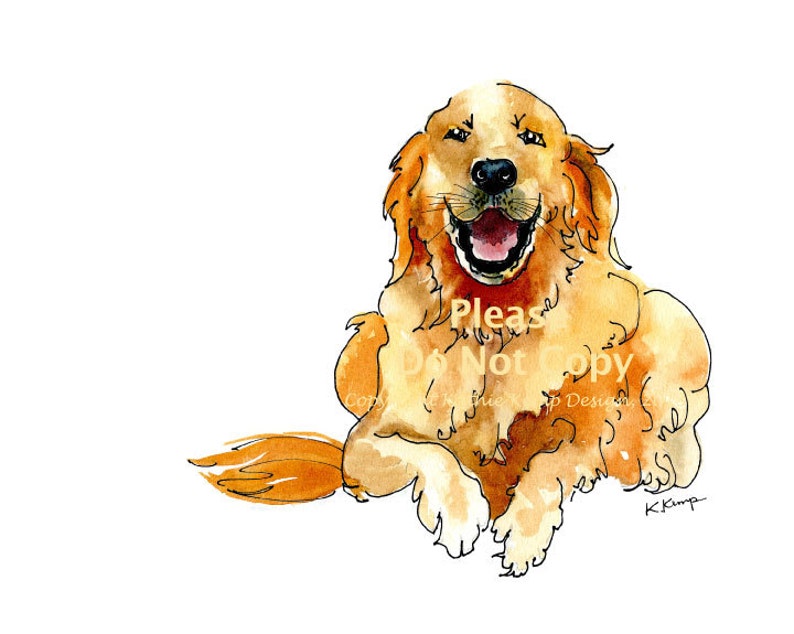 May include: Watercolor painting of a golden retriever dog with its mouth open, tongue out, and a happy expression. The dog is sitting on a white background.