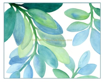 Abstract Leaves Watercolor Painting: Mint, Teal, and Peacock Blue (Digital Giclée)