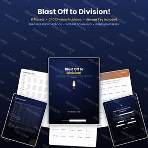 Könnte beinhalten: Ein druckbares PDF-Arbeitsbuch mit dem Titel Blast Off to Division! mit 240 Divisionsaufgaben, 8 Planeten und einem Lösungsschlüssel. Die Seiten enthalten einen Missionspass, ein Zertifikat für die Tour durch das Sonnensystem und mathematische Gleichungen.