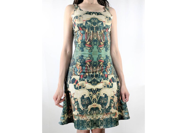 painting tapestry art history nature,green dress Unicorn dress flared dress middle ages