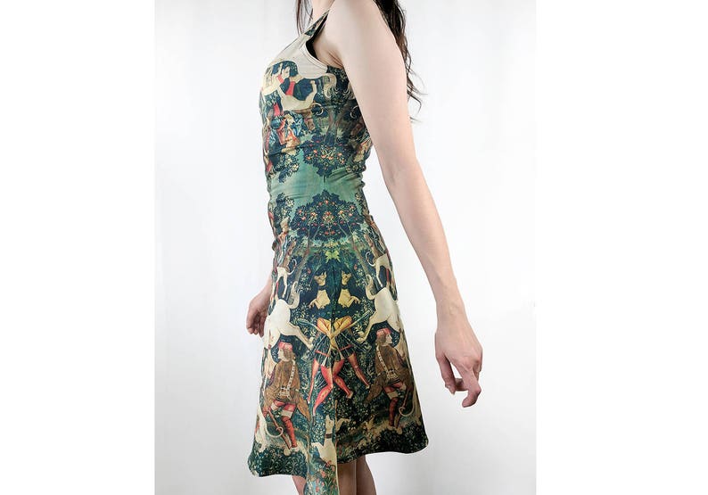 painting tapestry art history nature,green dress Unicorn dress flared dress middle ages