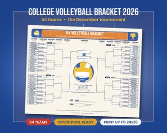 College Volleyball Bracket 2026 Printable, 64 Team Volleyball Tournament Bracket, Women's Volleyball Office Pool Game, Poster 24x36