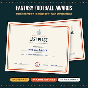 May include: A set of cream-coloured Fantasy Football Awards certificates with orange and red borders. The text reads Fantasy Football Awards, Last Place, Mike Zero Points R, and Coach Dan. Includes a toilet icon and fillable lines for season 2026.