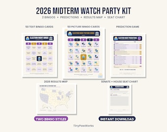 May include: A 2026 Midterm Watch Party Kit featuring 50 text bingo cards, 50 picture bingo cards, a prediction game, a 2026 results map of the United States, and a Senate and House seat chart. The kit includes two bingo styles.