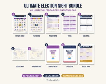 May include: A digital bundle of 10 election-themed printable documents titled Ultimate Election Night Bundle. Includes picture and text bingo cards, prediction sheets, trivia, ballots, US maps, and decor signs with purple and blue color schemes.
