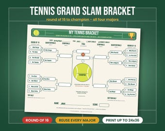 Tennis Grand Slam Bracket Printable, Round of 16 Tennis Tournament Bracket, Men's or Women's Singles, Reuse for All 4 Majors