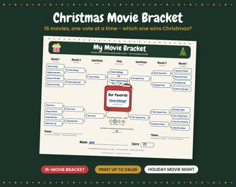 May include: A Christmas Movie Bracket game sheet featuring a 16-movie tournament structure. The cream-colored paper displays a bracket with rounds, a central red television icon labeled Our Favorite Cocoa Cottage, and fields for name and score.