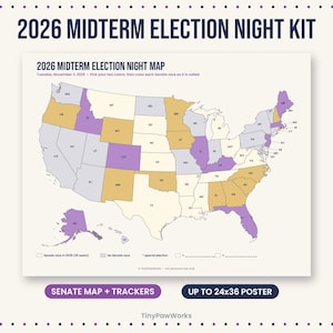 May include: A 2026 Midterm Election Night Kit poster featuring a map of the United States with states shaded in purple, tan, and cream. The text reads 2026 MIDTERM ELECTION NIGHT KIT and 2026 MIDTERM ELECTION NIGHT MAP, with a legend for Senate races.