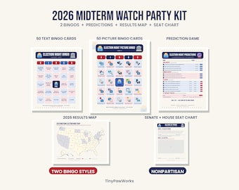 May include: A 2026 Midterm Watch Party Kit featuring 50 text bingo cards, 50 picture bingo cards, a prediction game, a 2026 results map of the United States, and a Senate and House seat chart. The kit includes two bingo styles.