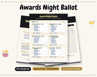 May include: An Awards Night Ballot printable set featuring black and cream pages with gold accents. The sheets include categories for motion pictures, directors, and box office achievements, with checkboxes for voting and a scoreboard for tracking points.