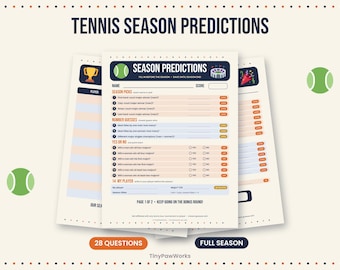May include: A tennis season predictions game sheet featuring a header with the text TENNIS SEASON PREDICTIONS, a list of numbered questions, score boxes, and icons of a tennis ball, stadium, trophy, and party popper on a cream background.