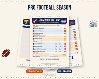 May include: A pro football season prediction game sheet with a cream background, dark blue text, and orange accents. The document features sections for season picks, number guesses, and yes or no questions, with a football and stadium icon.
