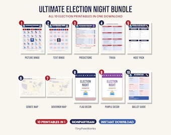 May include: A digital bundle titled Ultimate Election Night Bundle containing ten printable documents including picture bingo, text bingo, election predictions, trivia, kids' ballots, senate and governor maps, flag and purple decor, and a voting plan.