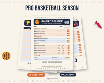 May include: A printable basketball season prediction game sheet featuring the text PRO BASKETBALL SEASON and SEASON PREDICTIONS. The form includes sections for season picks, number guesses, and yes or no questions with a basketball icon and stadium graphic.