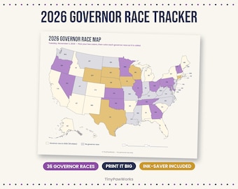May include: A 2026 Governor Race Tracker document featuring a map of the United States with states shaded in purple, tan, and white. The text reads 2026 GOVERNOR RACE TRACKER, 2026 GOVERNOR RACE MAP, Tuesday, November 3, 2026, and TinyPawWorks.