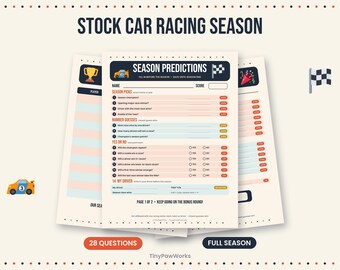 May include: A stock car racing season prediction game sheet with a cream background, dark blue headers, and orange accents. The form includes sections for season picks, number guesses, and yes or no questions, with text reading STOCK CAR RACING SEASON.