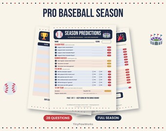 May include: A printed paper game sheet titled PRO BASEBALL SEASON and SEASON PREDICTIONS with sections for season picks, number guesses, and yes or no questions. The document features a baseball icon, a stadium graphic, and a trophy illustration.