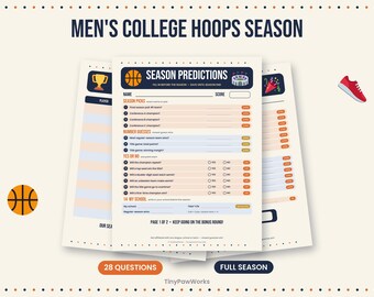 May include: A printable college basketball season prediction game sheet featuring the title MEN'S COLLEGE HOOPS SEASON, sections for season picks, number guesses, and yes or no questions, with basketball, trophy, and sneaker icons.