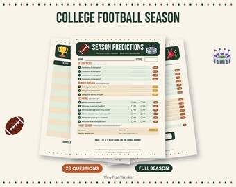 May include: A college football season prediction game sheet featuring a list of questions, numbered points, and fillable fields. The document includes the text "COLLEGE FOOTBALL SEASON" and "SEASON PREDICTIONS" with icons of a football and stadium.