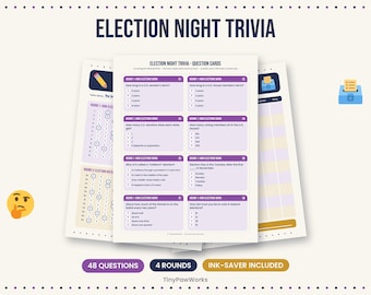 May include: Election Night Trivia game set featuring question cards with 48 questions across 4 rounds. The cards have purple headers and light purple backgrounds with multiple-choice questions about U.S. elections, including an ink-saver version.